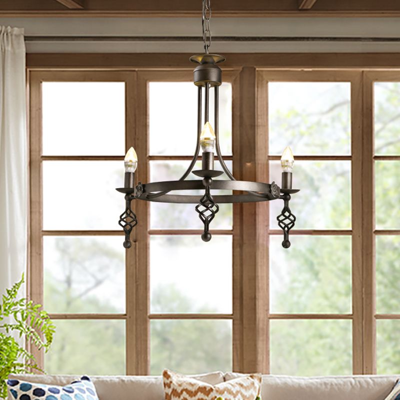 IJzeren Zwarte afwerking Hangende kroonluchter Candelabra 3-licht Rustieke ophanging Hanglamp met Circle Design