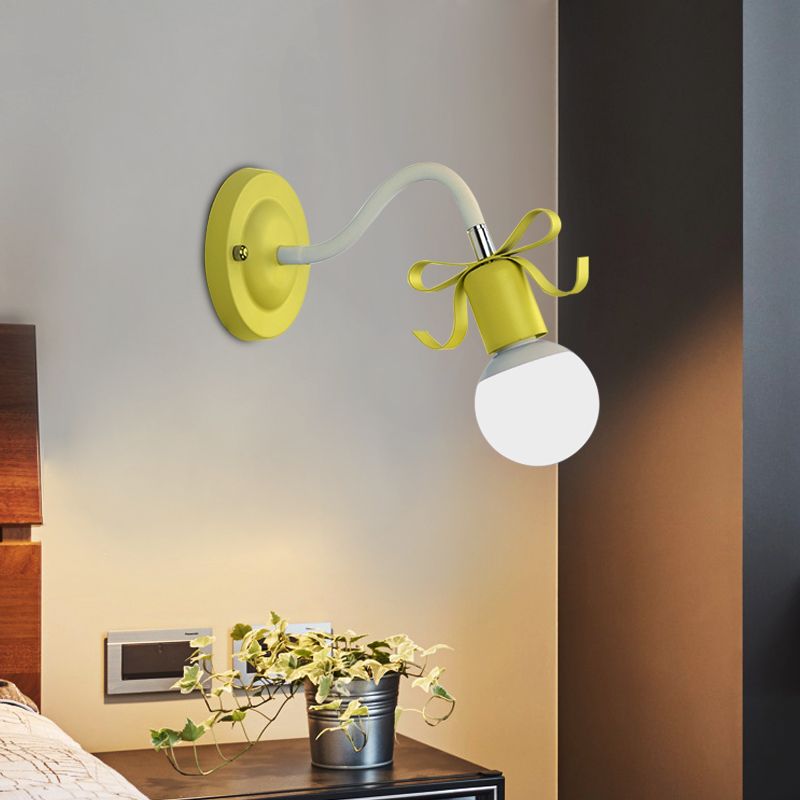 Metal Bare Bulb Wall Light with Bow Single Head Nordic Style Wall Lamp for Kindergarten