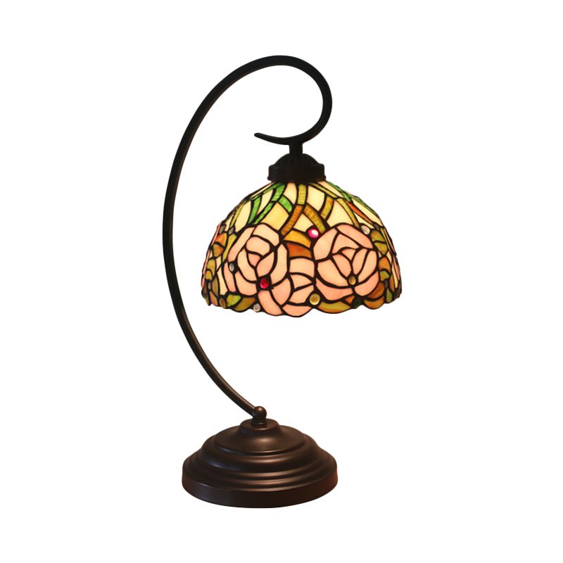 Dome Shape Cut Glass Table Lamp Tiffany 1-Bulb Black/White Finish Rose Patterned Night Lighting