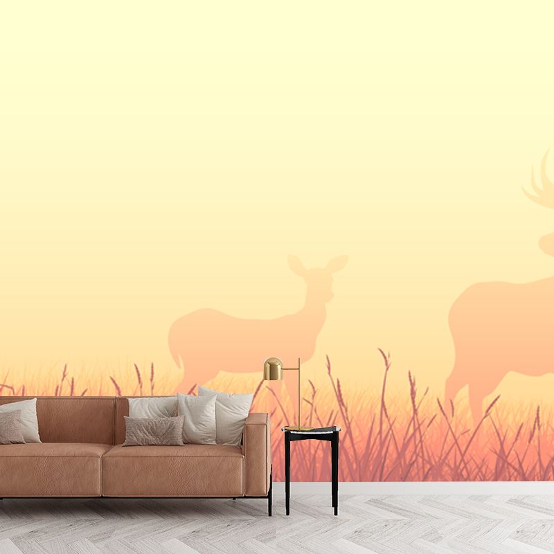 Deers in Foggy Meadow Mural Wallpaper Beige Nordic Wall Art for Living Room, Size Optional