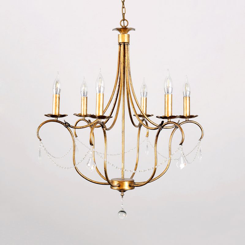 Metal Candle Chandelier Lamp Retro 6 Bulbs Silver/Gold Pendant Lighting Fixture with Crystal Teardrop for Dining Room