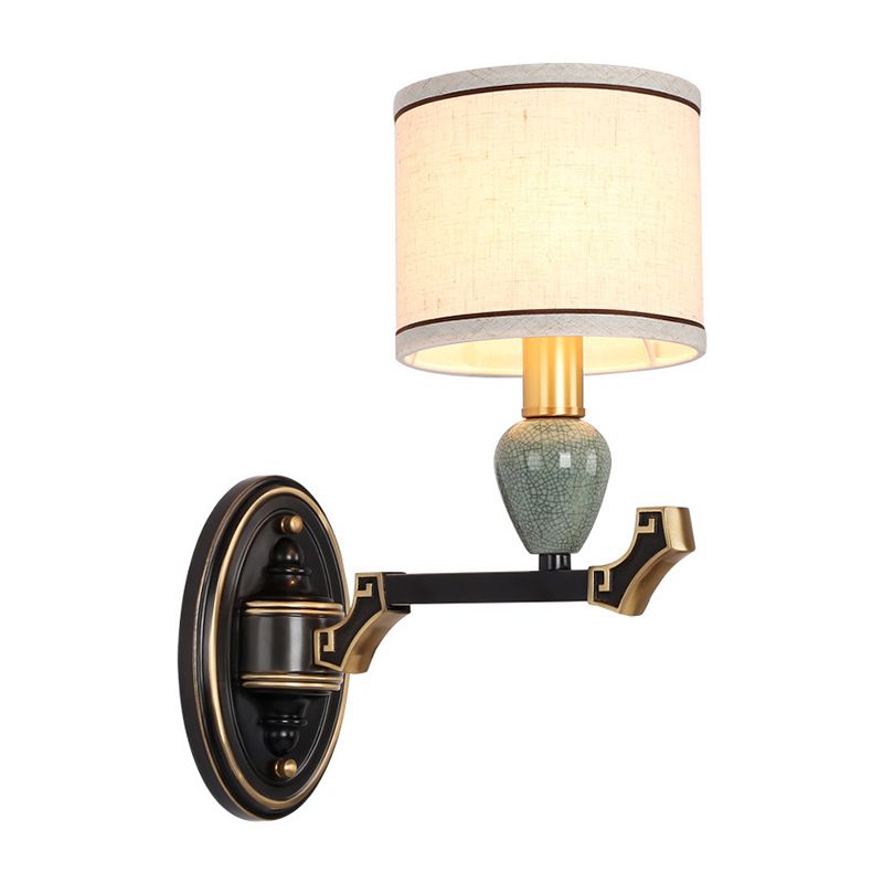 1/2-Bulb Wall Mounted Light Traditional Drum Fabric Wall Sconce Lighting in Black for Bedroom