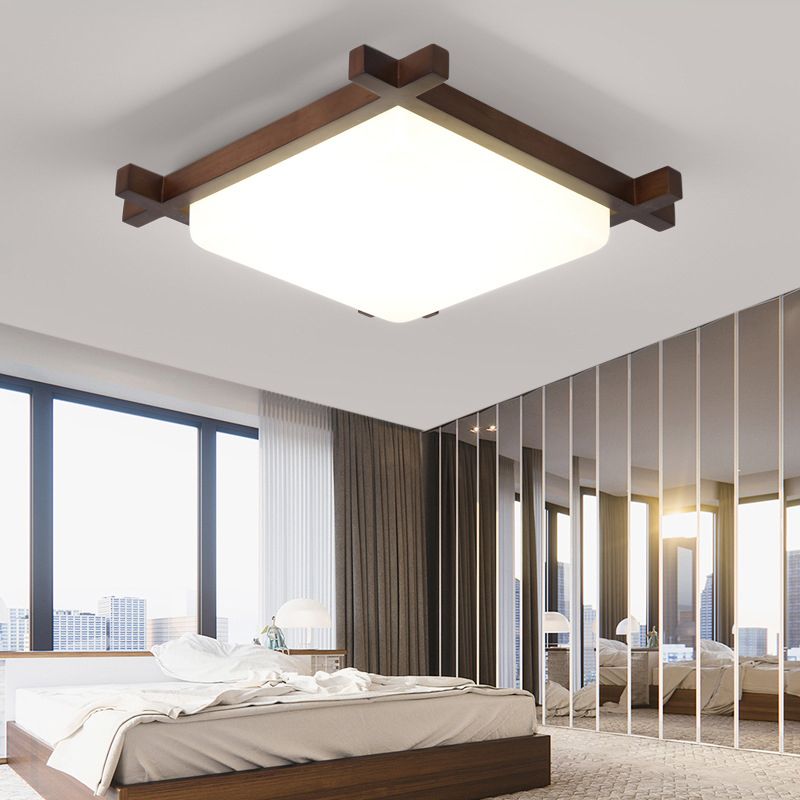 Square Bedroom Flush Light Acrylic Nordic Style LED Flush Ceiling Light Fixture in Wood
