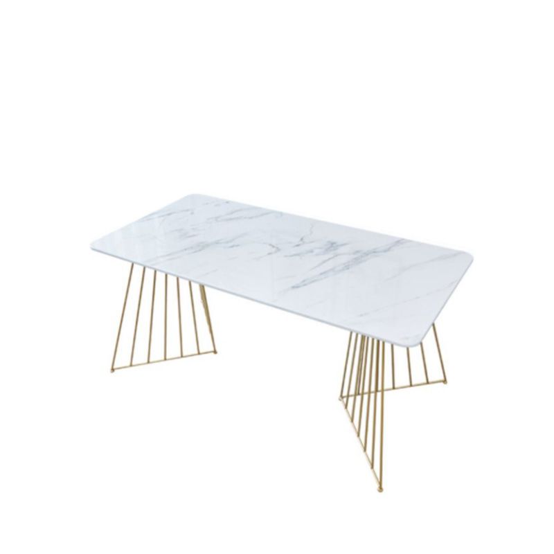 Rectangle Double Pedestal Dining Table Glam Faux Marble Table for Kitchen