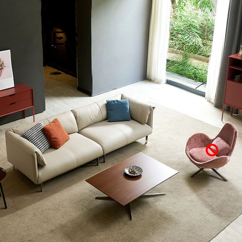 Modernism Leather Sofa in Khaki Tuxedo Arm Sofa with 3 Pillows