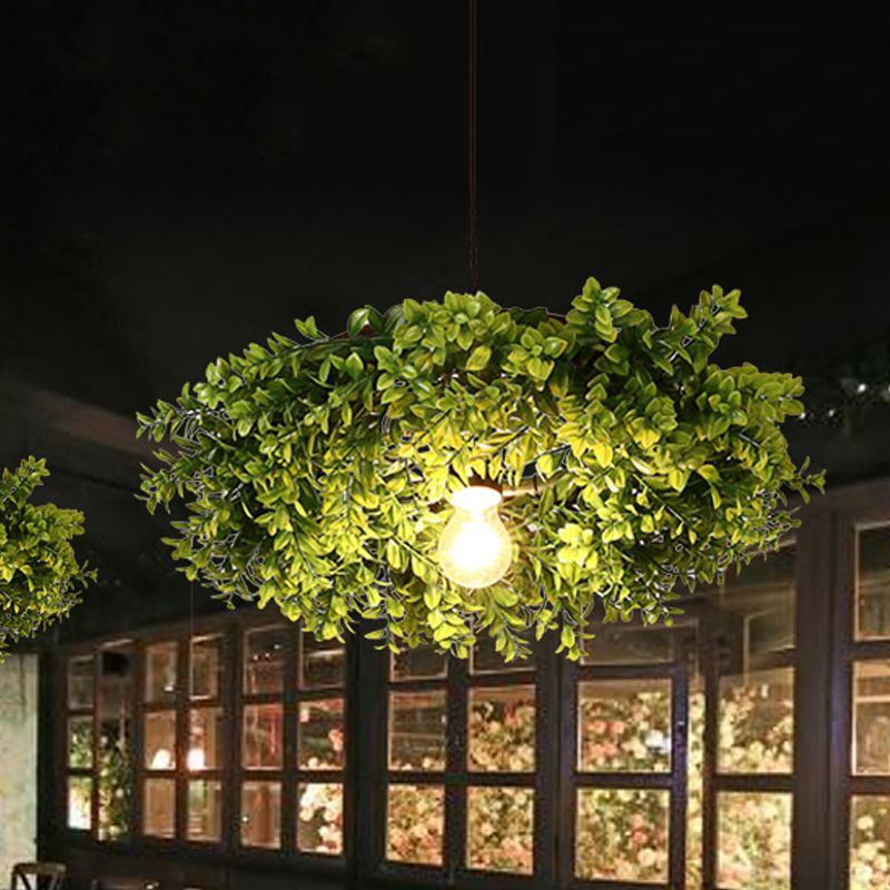 Metal Black Ceiling Light Exposed Bulb 1 Bulb Retro LED Suspension Lighting Fixture with Plant Decor