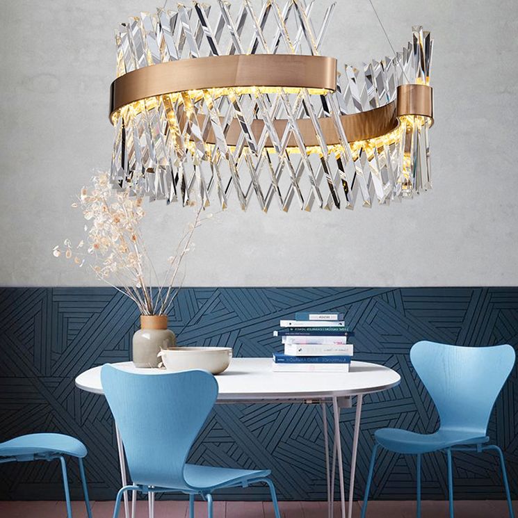 Simple Geometric Chandelier K9 Strip Crystal Dining Room LED Suspension Lighting in Rose Gold