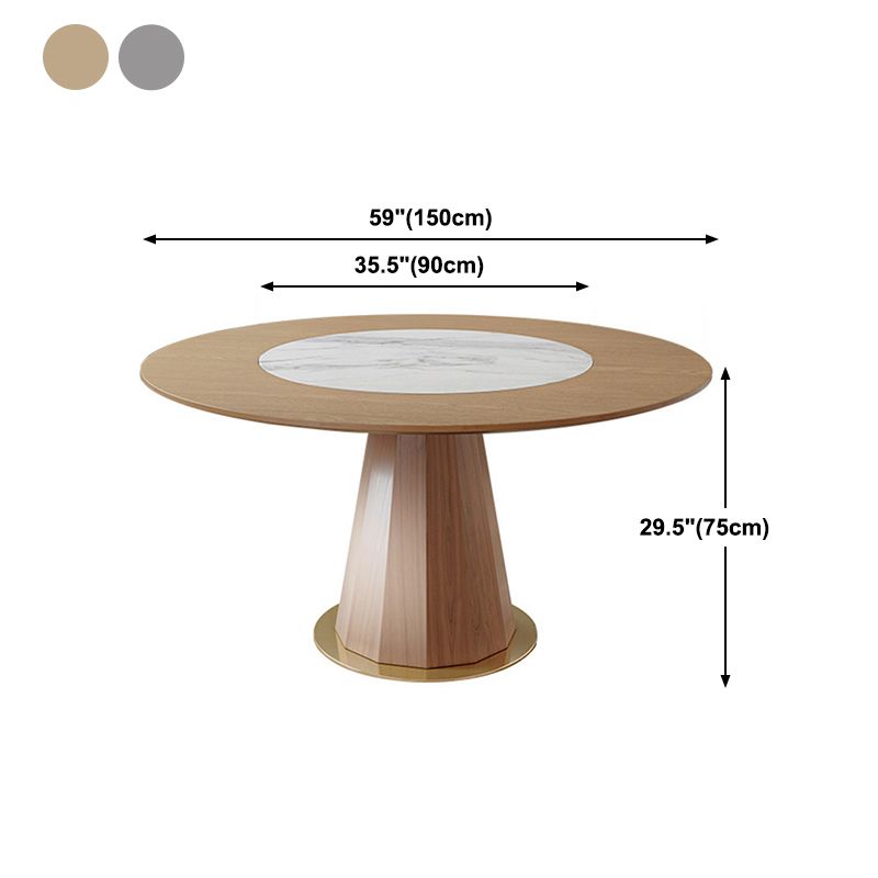 Round Solid Wood Dining Table Modern Brown Turntable Furniture with Pedestal Base