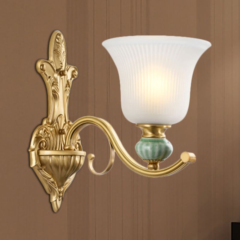 Modern Style Bell Wall Mount Light 1/2-Bulb Frosted Glass Wall Light with Golden Curved Arm and Ceramic Deco