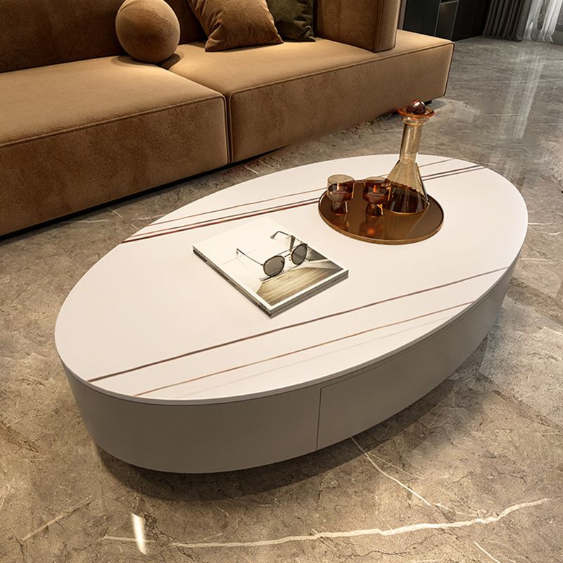 Oval Stone Coffee Table 1 Single Cocktail Table with 1 Storage Drawer