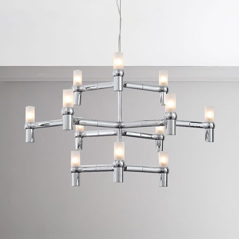 Black/White Crown Hanging Chandelier Light Modern 12 Lights Metallic Hanging Lamp with Frosted Glass Cylinder Shade