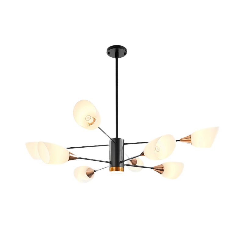 8 Heads Living Room Hanging Chandelier Modernism Black Pendant Light Fixture with Floral Milky Glass Shade