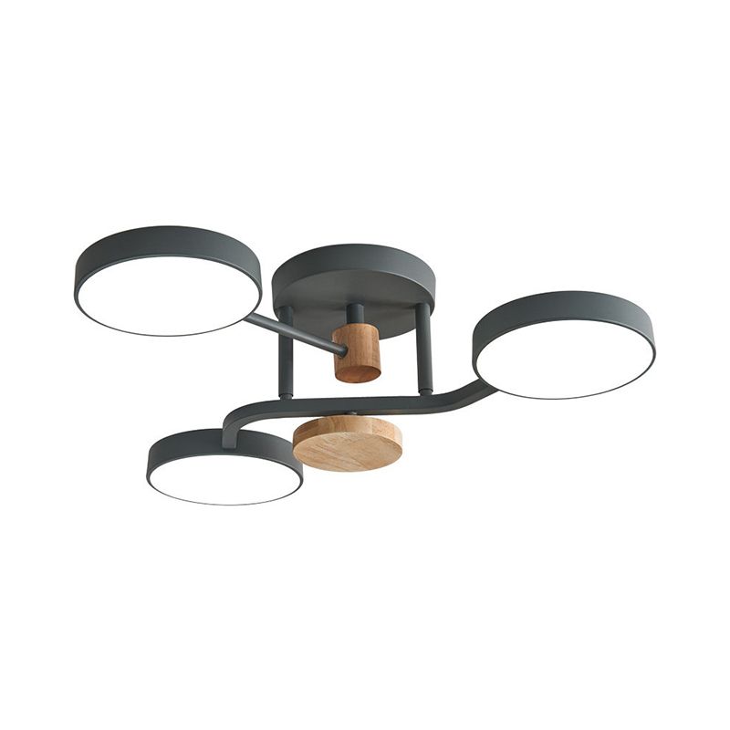 Round Semi Flushmount Lighting Macaron Metallic LED Bedroom Flush Mount Lamp Fixture in Grey/White/Green with Curved Arm