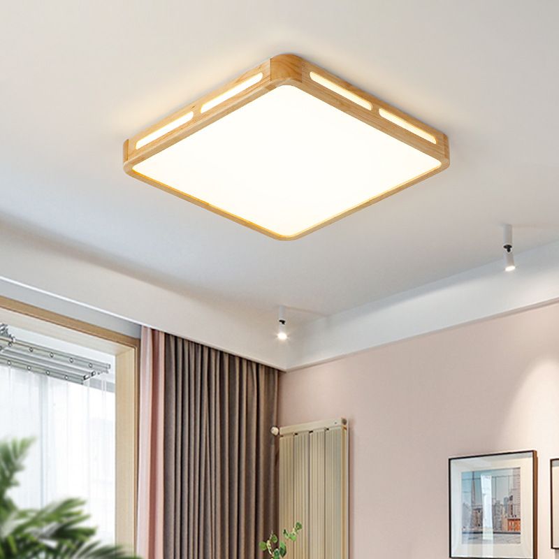 Rectangle LED Flush Mount Lamp Simple Style Wooden Living Room Ceiling Light with Acrylic Diffuser