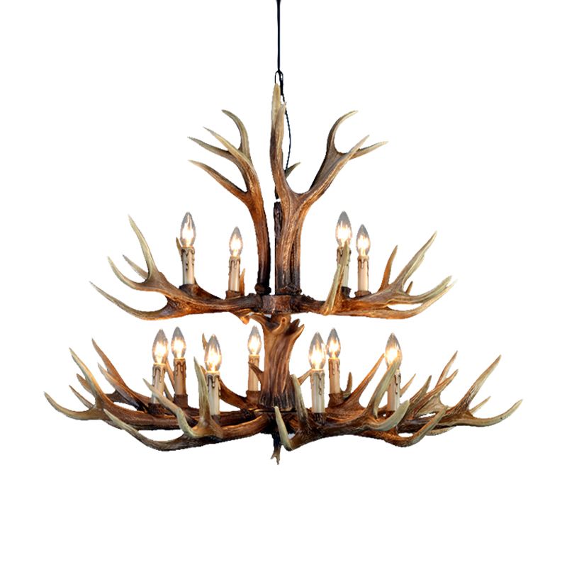 2-Tier Hanging Lamp Rustic Resin 12/15 Bulbs Brown Chandelier Pendant Light for Kitchen Island