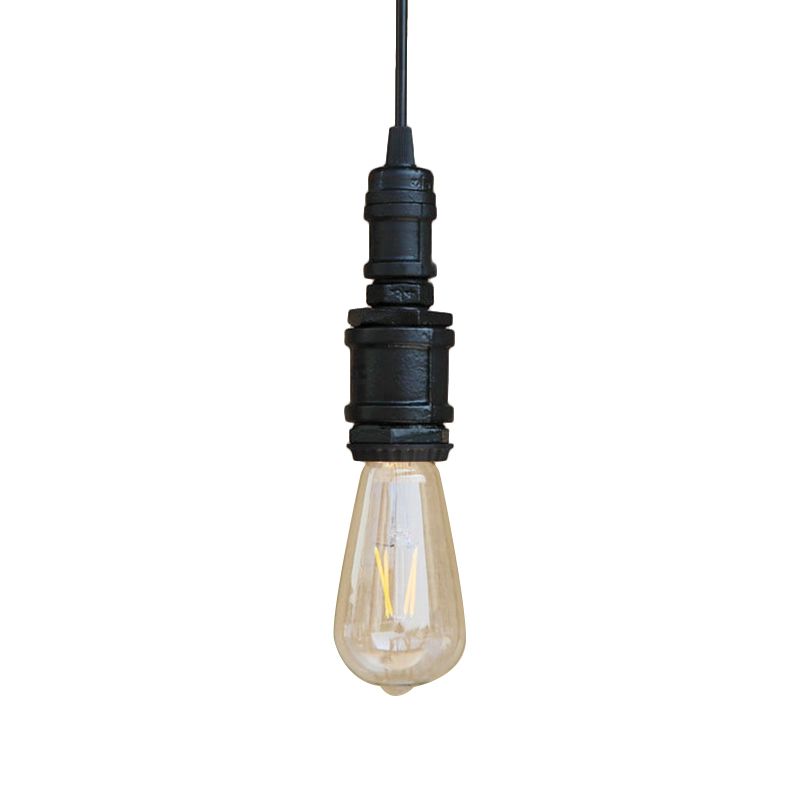 1 Light Bare Bulb Hanging Light Rustic Style Black/Silver Wrought Iron Ceiling Fixture with Pipe for Bathroom