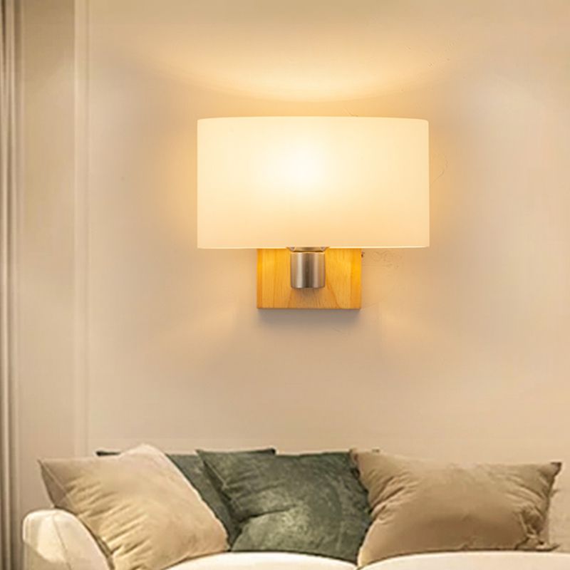 White Glass Oval Wall Lighting Modernist 1 Head Sconce Light Fixture with Rectangle Wood Backplate