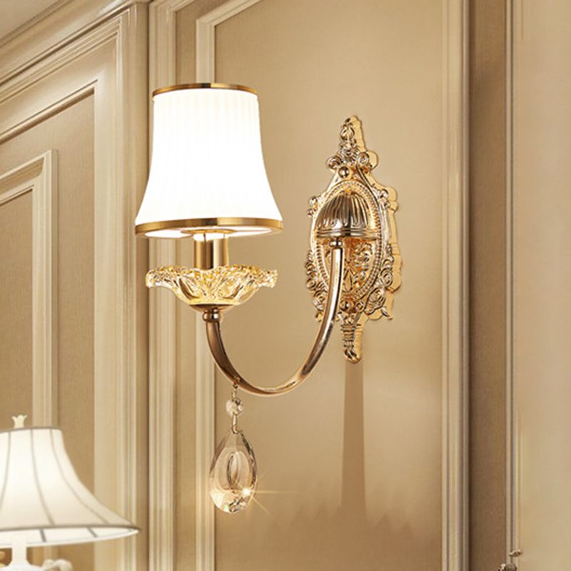1/2-Light Flared Wall Light Sconce Traditionalism Brass Frosted White Glass Wall Lighting Fixture with Crystal Draping
