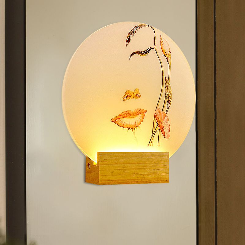 Circular Metallic Butterfly and Leaf Mural Lamp Minimal Style LED Wood Wall Lighting Fixture