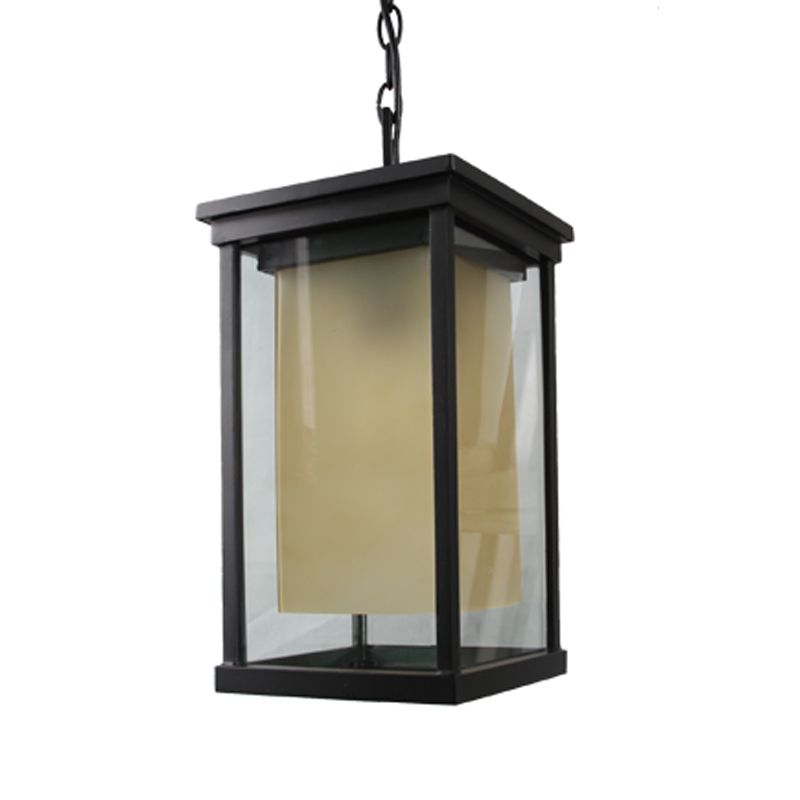 Black 1 Bulb Ceiling Pendant Classic Clear Glass Rectangle Hanging Lamp Kit with Inner Cylinder Amber Glass Shade