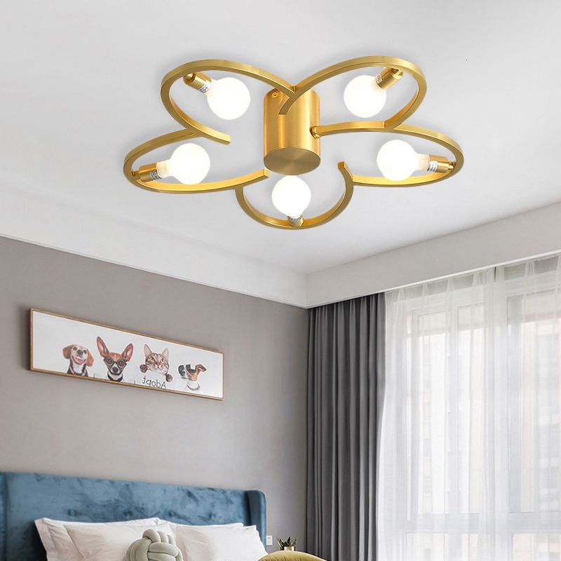 Modern Flower Semi Flush Mount Metallic 5/6-Head Bedroom Close to Ceiling Lighting in Gold