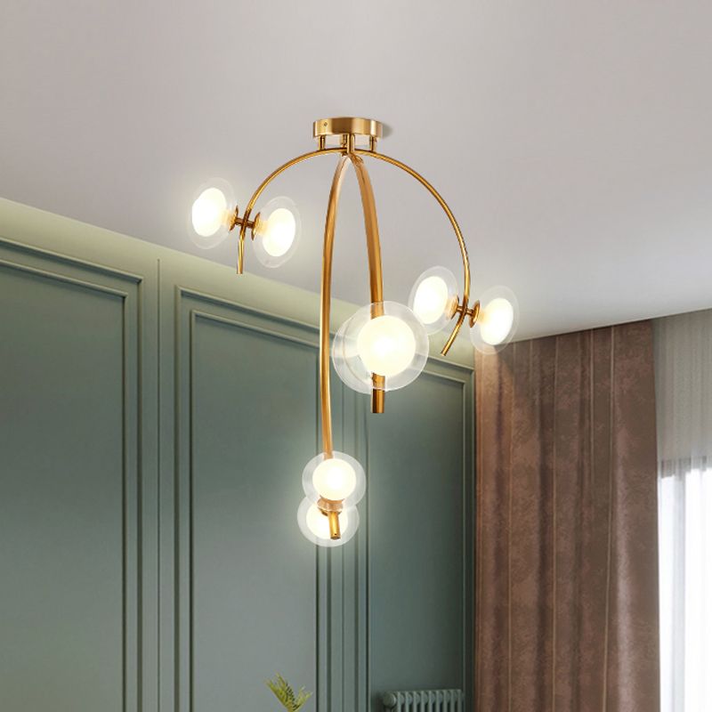 Vintage Dual Orb Shade Semi Flush transparant glas 6 lampen eettafel spoeling Mount kroonluchter met gouden takje ontwerp