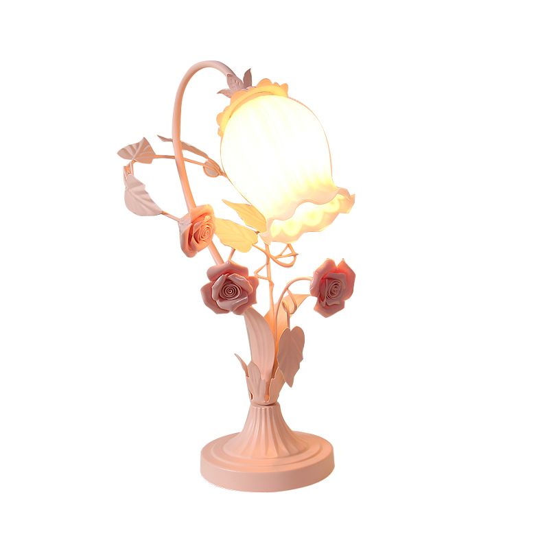 Scalloped Opal Glass Table Light Romantic Pastoral 1 Head Bedroom Night Lamp with Rose in Pink/Blue/White