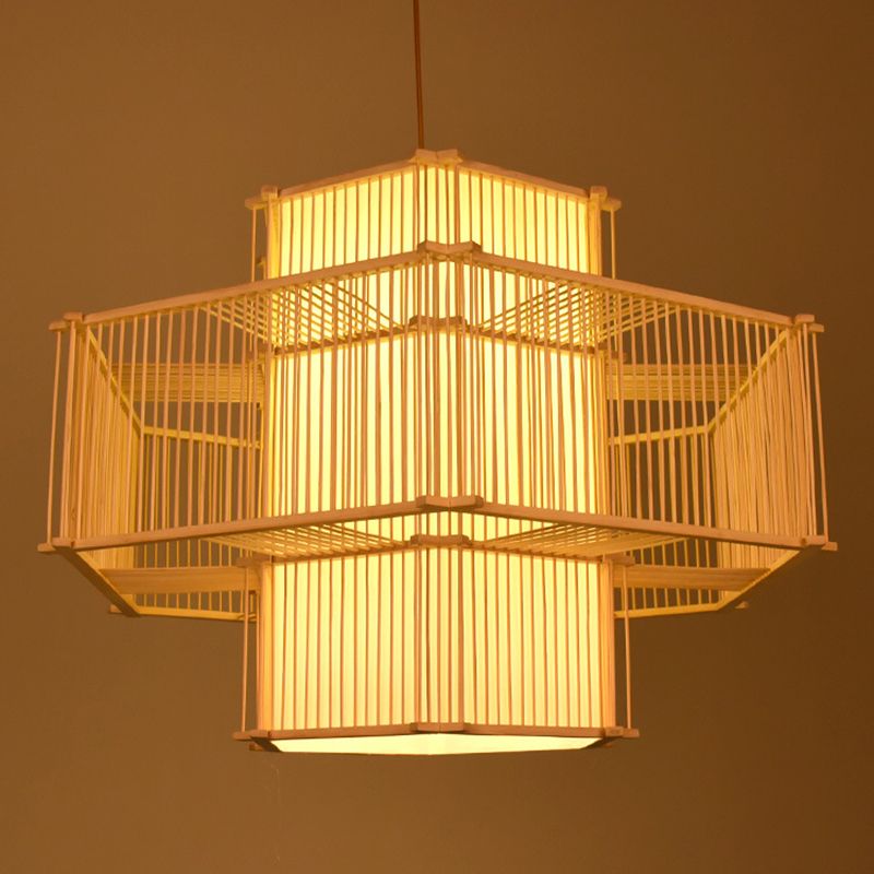 Bamboo Asia Pendant Light 1-Light Beige Hanging Ceiling Light for Tea Room