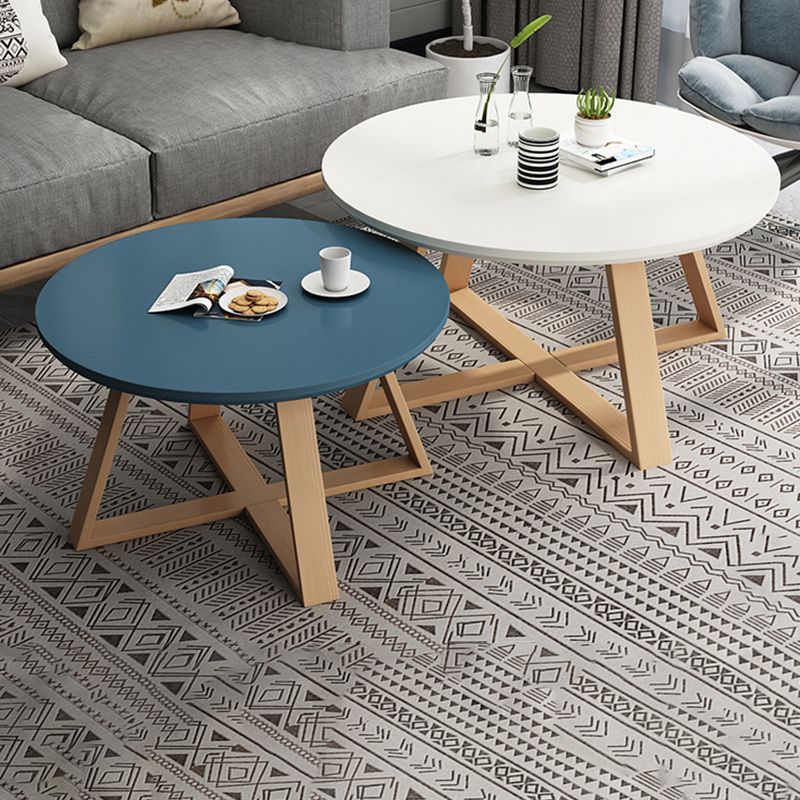 Contemporary Round Wood Coffee Table Cross Legs Cocktail Table
