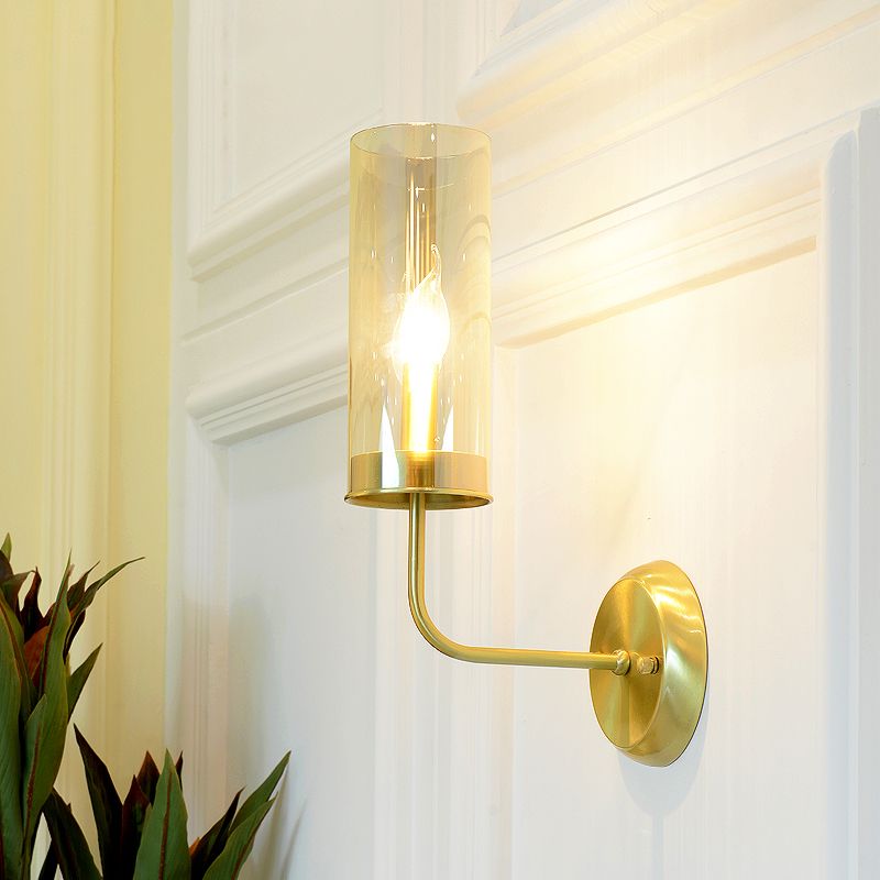 Metal Curvy Arm Wall Lamp Simple 1 Head Brass Sconce Light Fixture with Clear Glass Shade