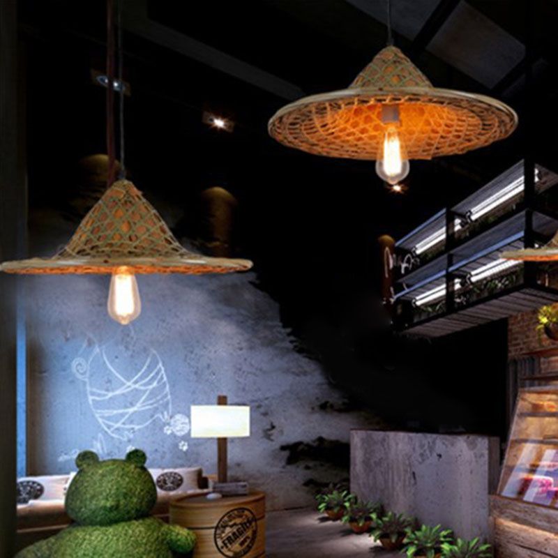 Bamboe coolie hoed hangluchting Azië single-bulb houten plafond hang licht voor restaurant