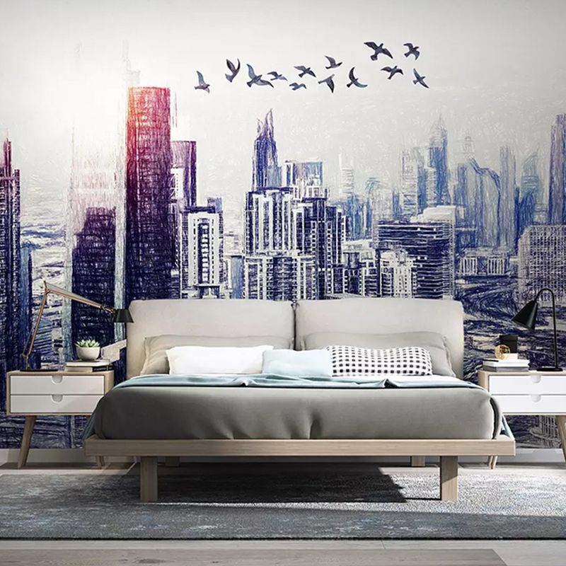 Customized Illustration Mural Wallpaper Abstract Modern Wall Covering for Decor with 3D City View in Blue and White