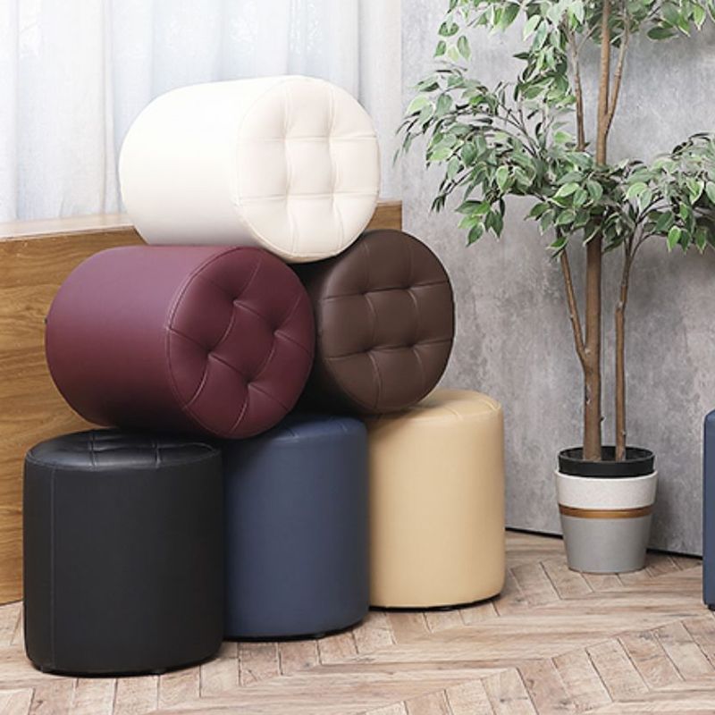 Modern Plain Ottoman Water Resistant Faux Leather Tufted Round Stool Ottoman