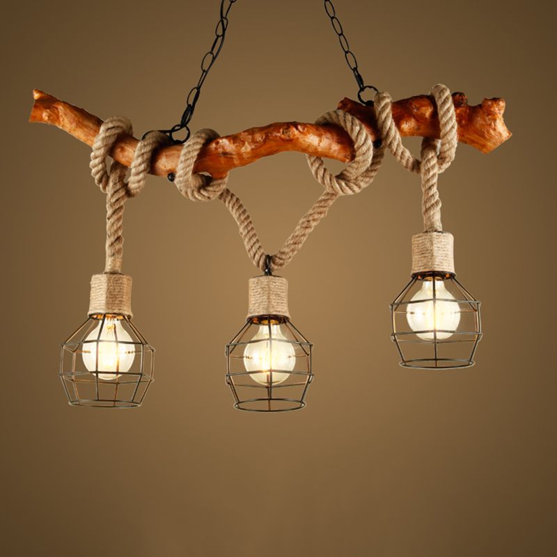 Wood Pendant Lights Rope Island Linear Island Ceiling Light for Dining Room