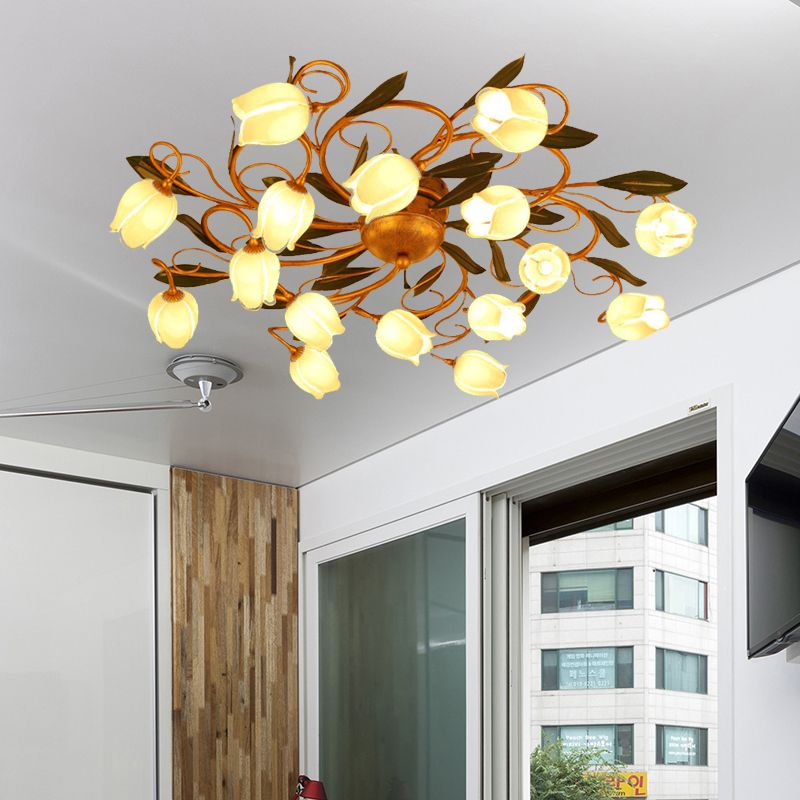 Metall Messing Decke Flush Lilie/Tulp 16 Köpfe Amerikanische Garten LED -Halbmontage für Schlafzimmer