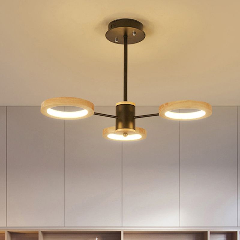 Wood Sputnik Chandelier Pendant Light Modern 3/5/6 Lights Black Led Hanging Ceiling Lamp in Natural Light