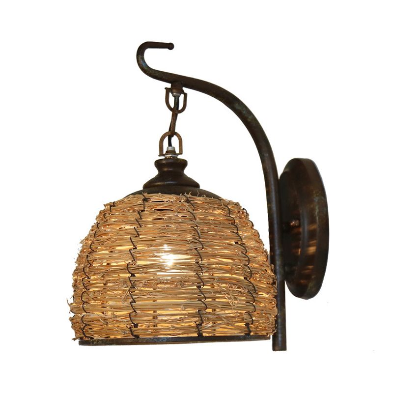 1 Bulb Domed Wall Lighting Japanese Rattan Sconce Light Fixture in Flaxen with Metal Curved Arm