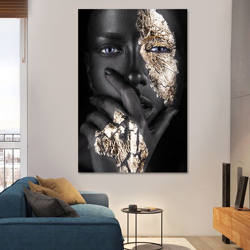 Black-Gold Woman Face Canvas Print Figure Glam Textured Surface Wall Art Decor for Room