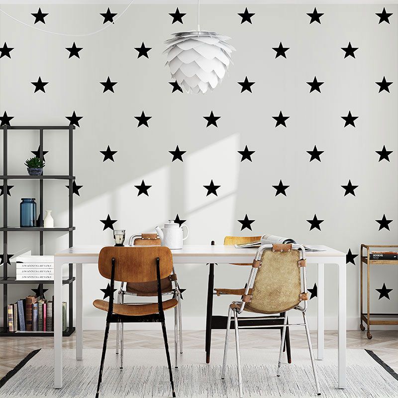 Minimalist Star Wall Covering in Black and White Children's Bedroom Wallpaper Roll, 20.5-inch x 33-foot