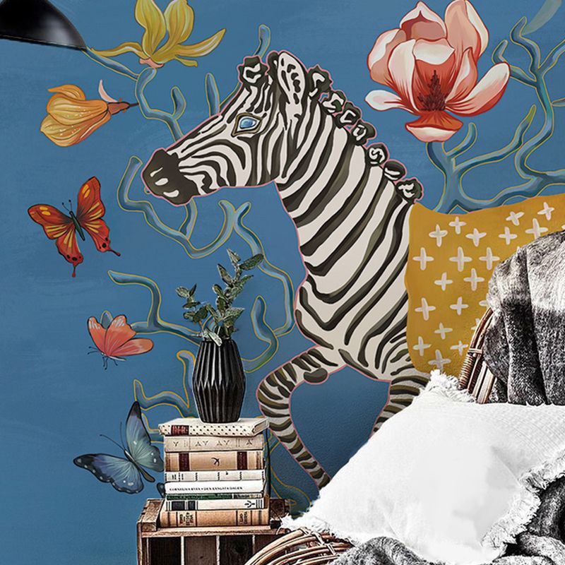 Classic Zebra and Flower Mural for Accent Wall, Big Wall Covering in Natural Color