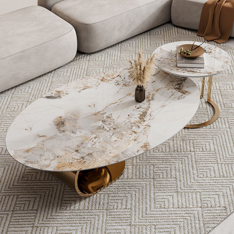 Slate Oval Coffee Table Golden Metal Frame Abstract Cocktail Table, 14.17" High