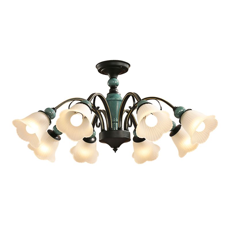 Green Flower Shade Flush Mount Light Retro Ribbed Glass Living Room Semi Flush Chandelier
