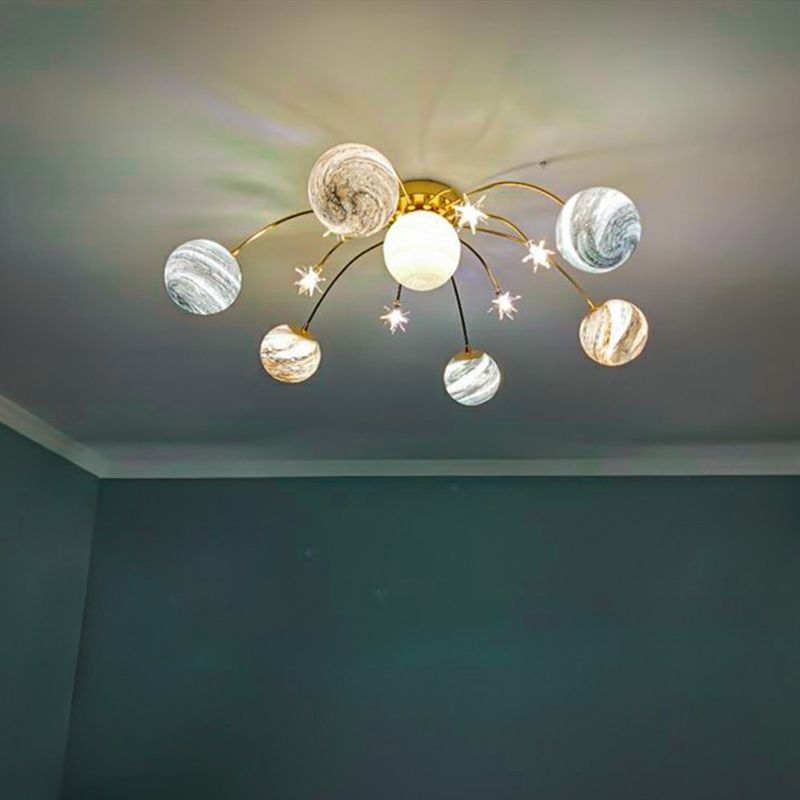 Gold Spherical Semi Flush Mount Lighting Nordic Style Glass Semi Flush Light for Bedroom