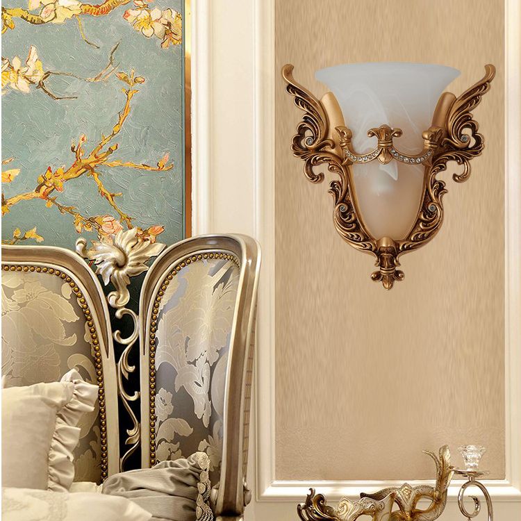 Opal Glass Gold Wall Sconce Elongated Bell 1-Bulb Cottage Wall Mounted Lighting for Living Room