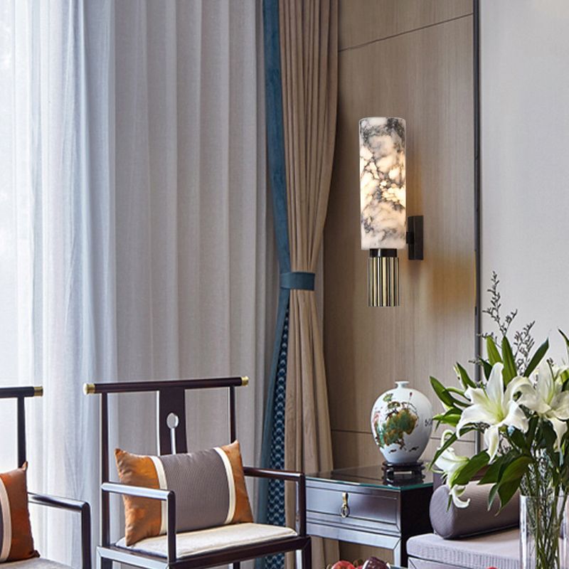 Modern Brass Wall Light Cylinder 13.5" High Wall Sconce with Mica for Living Room