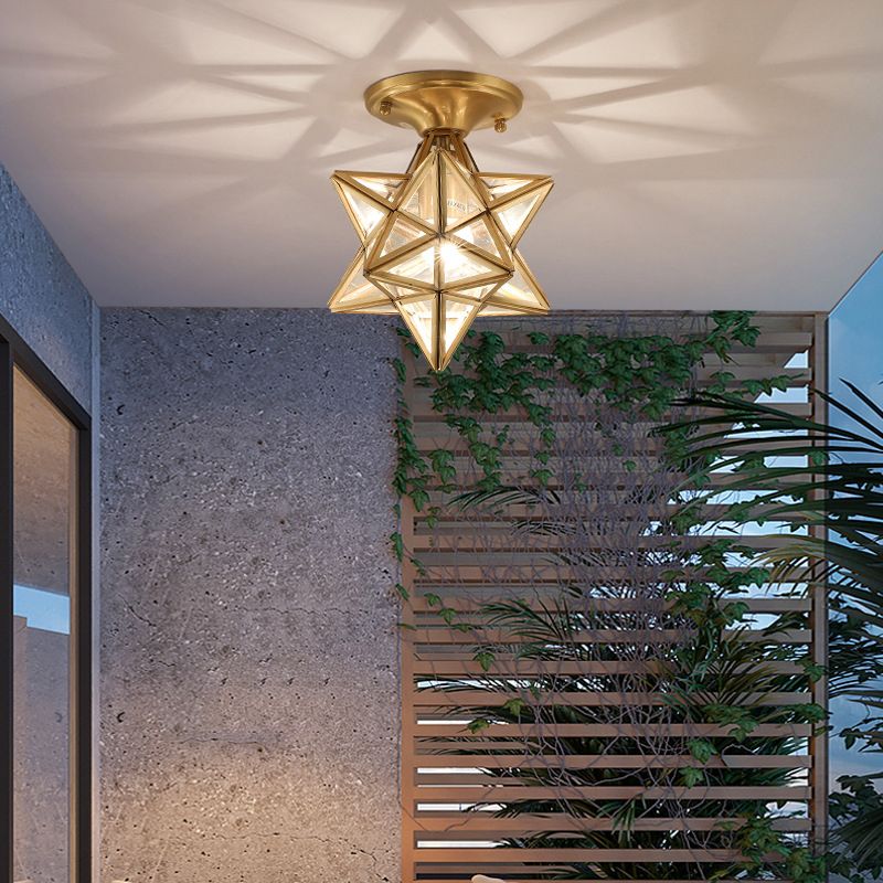 Plafonnier étoile en cuivre à montage encastré d'intérieur de luxe colonial avec abat-jour en verre