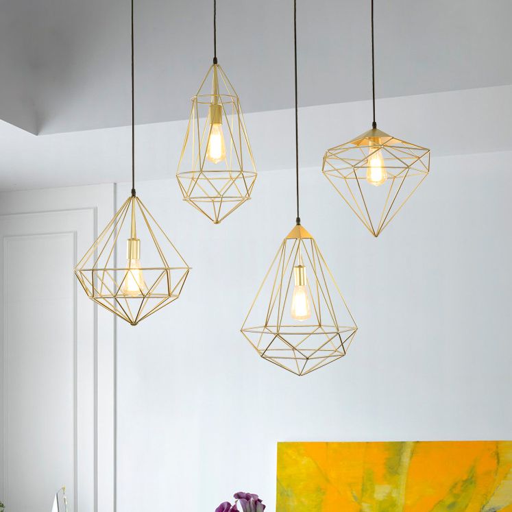 1 Light Prism Cage Pendant Lighting Modern Style Gold Metallic Suspension Lamp with Adjustable Cord