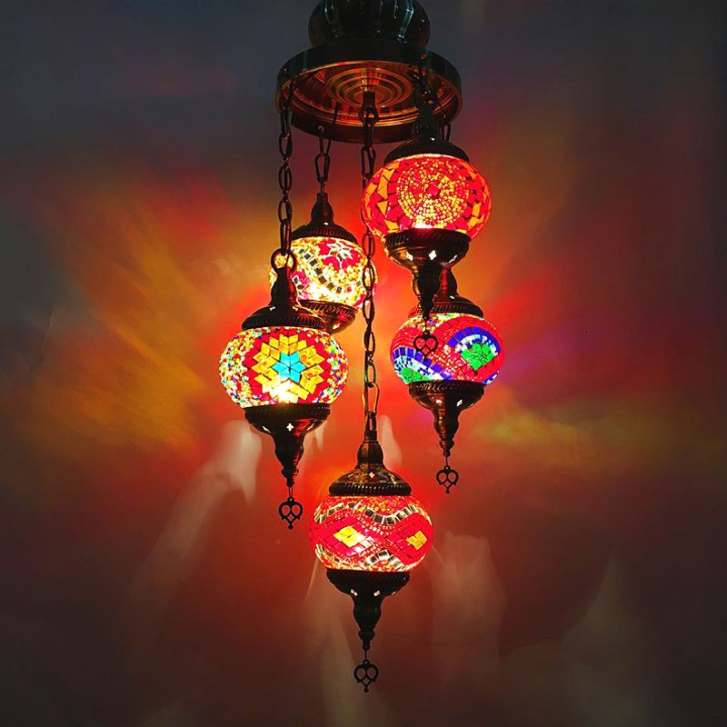 5 Heads Cut Glass Chandelier Pendant Light Traditional Red/Orange/Blue Oval Living Room Hanging Light Kit
