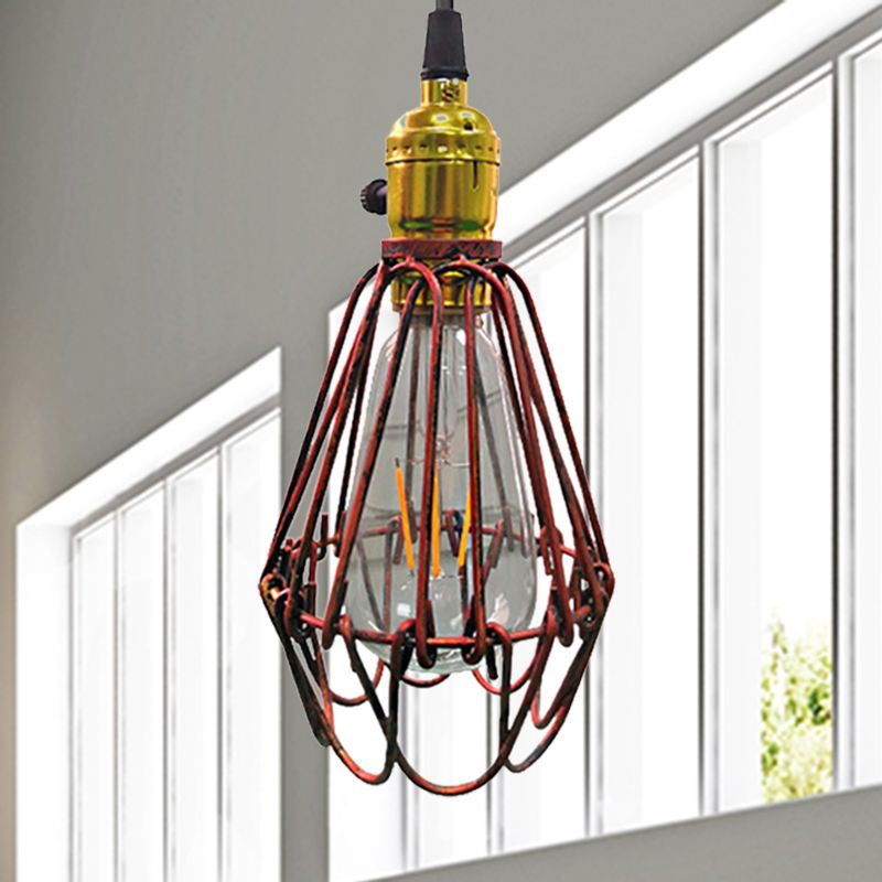 Metal Wire Frame Ceiling Pendant Light Farmhouse Style 1 Light Living Room Hanging Lamp in Aged Silver/Antique Copper