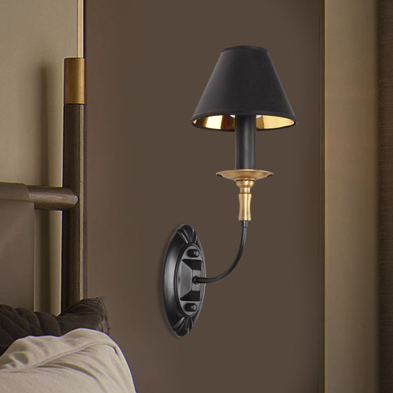 Black 1/2-Bulb Wall Lamp Sconce Vintage Fabric Barrel Wall Mounted Light with Curvy Arm for Hallway